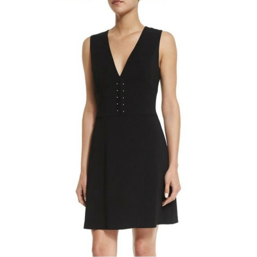 A.L.C. Jacobson black sleeveless deep-v dress. Metal bar detail at waist. Size 8